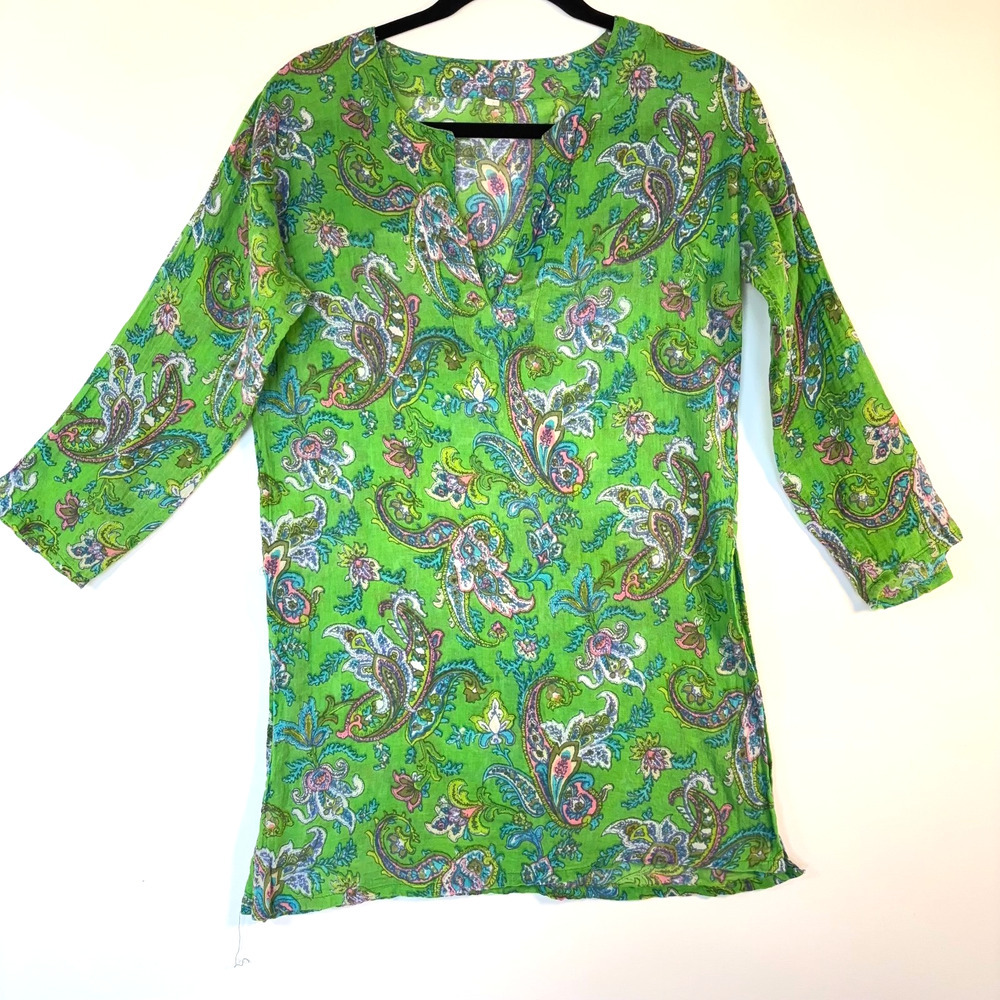 Vintage 90s Indian Cotton Paisley Tunic Top Boho Kurta Style Green Womens S/Med